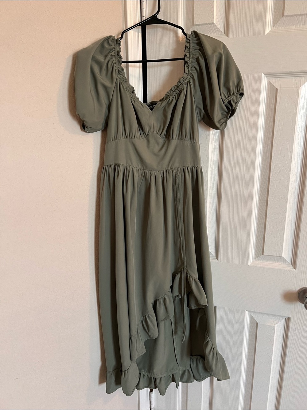 Olive Green Puff Sleeve Ruffle Midi Dress
